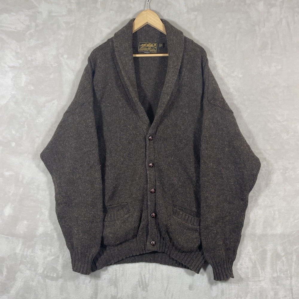 Vtg Eddie Bauer Shawl Cardigan Sweater Mens XL Made in USA Chunky Fuzzy Knit 80s